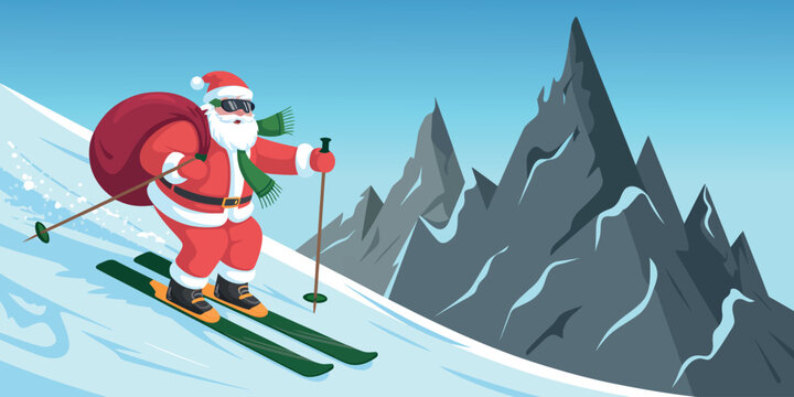 Santa Claus Skiing poster, Festive Christmas Holiday Winter Sport Adventure in Dolomites