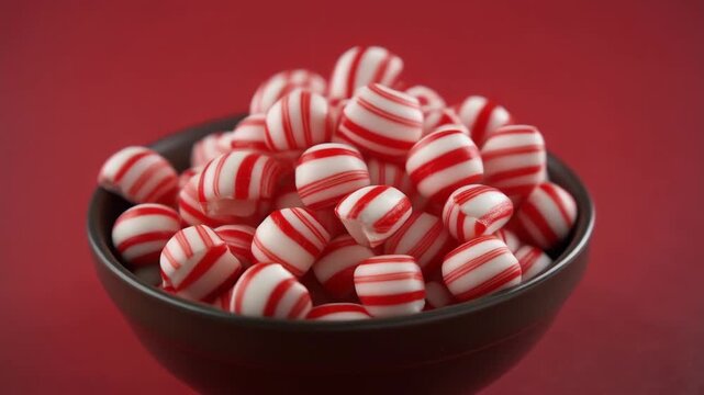 A closeup view of a bowl filled with red and white striped peppermint candies perfect for holiday themes and sweet treats.
