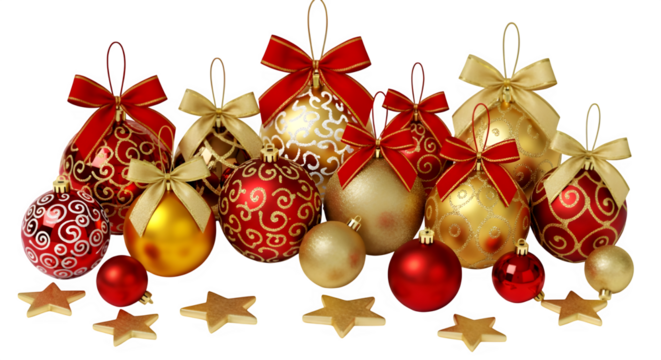 Shiny red Christmas baubles and an Easter egg with a ribbon for holiday decoration and celebration