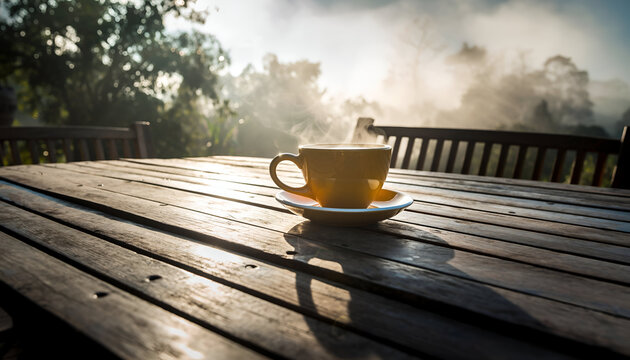 Warm yellow teacup filled with steaming beverage rests on a saucer on a rustic wooden table outdoors during a misty morning sunrise with soft sunlight filtering through trees