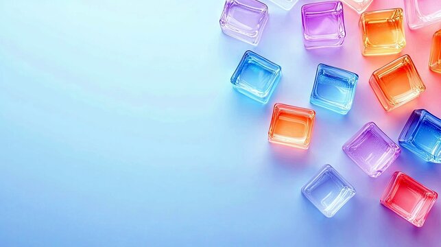 A collection of translucent, colorful cubes are arranged on a soft gradient background, creating a visually appealing and abstract composition.