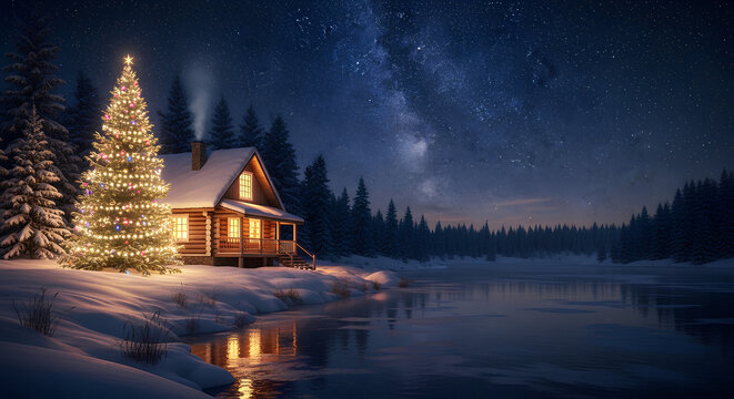 Experience the cozy magic of a snowy Christmas cabin under a stunning starlit sky