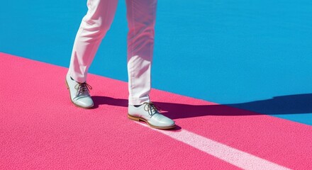 Stylish person walking on vibrant pink and blue surface with a sharp dividing line
