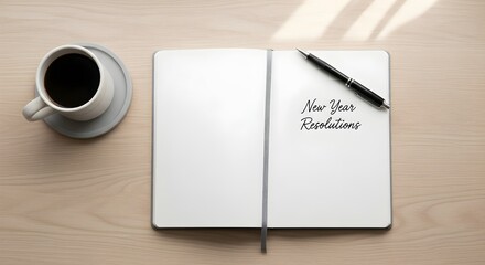 A notebook with New Year Resolutions lies open on a wooden desk next to a cup of coffee