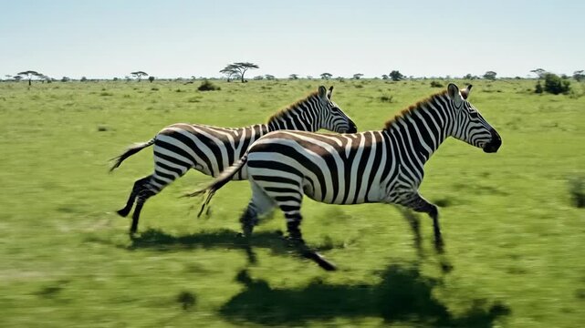 Two zebras running across a vast green savanna under a bright blue sky in the African wilderness.