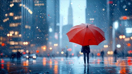 A person stands under a bright red umbrella on a wet city street at night, with blurred lights and falling rain creating a moody atmosphere.