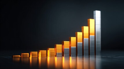 Modern financial growth chart with vibrant orange and silver bars rising dramatically against a dark background showcasing increasing investment success