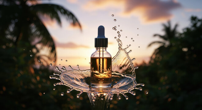 Golden elixir bottle splashing water amidst tropical sunset