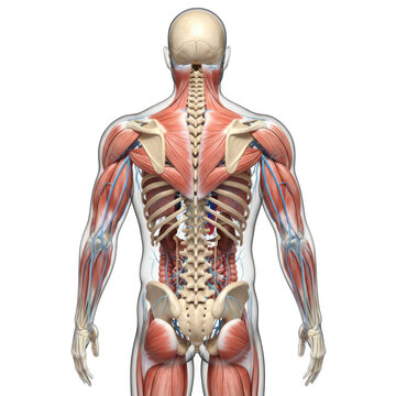 Male human anatomy: posterior view of skeletal, muscular, organs isolated on transparent background