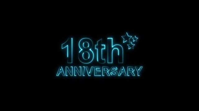 Celebrate 18th anniversary with glowing pink neon text and sparkling stars on a black backdrop, perfect for invitations, cards, and social media posts, evoking joy and milestone achievement