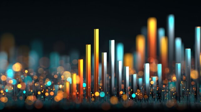Abstract representation of sound waves visualized through colorful vertical bars and soft glowing bokeh in a digital space atmosphere