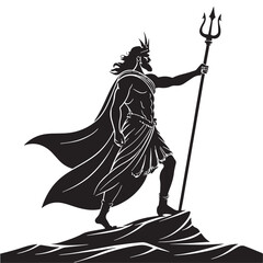 Black greek mythic sea god poseidon Silhouette Vector, High Quality Illustration on White Background