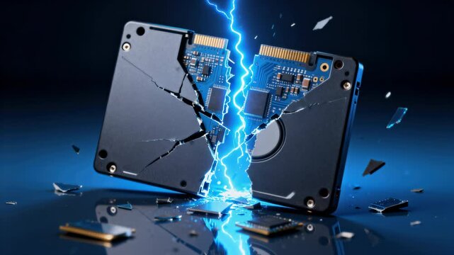 A broken ssd shattered circuit electric spark data loss hardware failure crash shock repair electronics memory storage device technology destruction damage blue lightning bolt crack exposed circuit