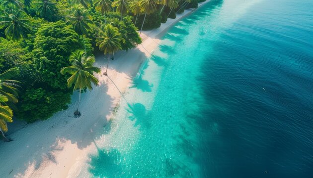 Breathtaking aerial view of a tropical beach with turquoise waters and lush palm trees under the sun