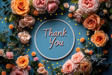 Pastel Rose Frame with Thank You Note on Blue Background