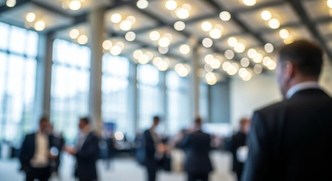 Blurred Background of Business People Networking at a Conference with Modern Architecture and Bright Lighting for Social Event During Corporate Gathering