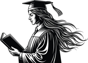 Female graduate reading book illustration, academic success concept, woman in graduation gown, education achievement artwork, scholarly learning vector design