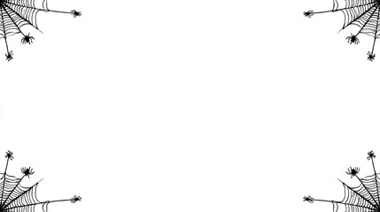 Spiders and webs adorn corners of a white background for Halloween.