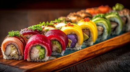 Colorful sushi platter featuring assorted rolls with vibrant toppings and fresh ingredients arranged on a wooden serving tray.