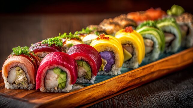 Colorful sushi platter featuring assorted rolls with vibrant toppings and fresh ingredients arranged on a wooden serving tray.