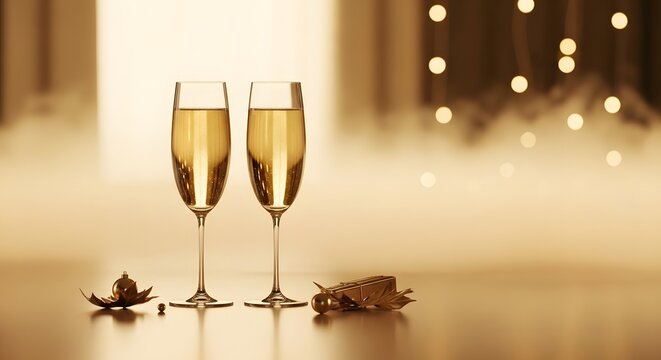 Festive image of two gold-decorated champagne glasses toasting a happy New Year celebration