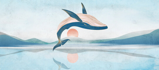 Modern art backdrop featuring mountains, a lake, and a whale with a watercolor texture. A natural banner for decor, prints, covers, packaging, and posters. © VectorART