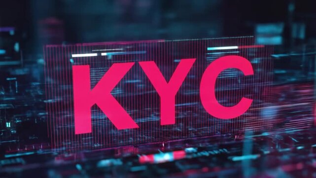Neon pink KYC letters hover over a futuristic digital city of circuitry, glow and glitches surround!
