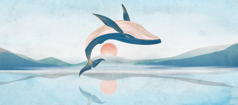 Modern art backdrop featuring mountains, a lake, and a whale with a watercolor texture. A natural banner for decor, prints, covers, packaging, and posters.