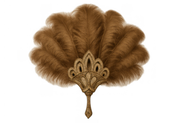 Elegant brown feather fan featuring ornate art deco handle, a luxurious vintage accessory for glamour and fashion, transparent background