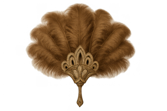 Elegant brown feather fan featuring ornate art deco handle, a luxurious vintage accessory for glamour and fashion, transparent background