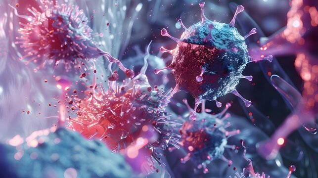 Immunotherapy antibodies attacking cancer cells &mdash; advanced 3D medical illustration of immune response targeting tumor cells