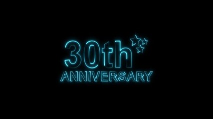 Celebrate 30th anniversary with glowing pink neon text and sparkling stars on a black backdrop, perfect for invitations, cards, and social media posts, evoking joy and milestone achievement