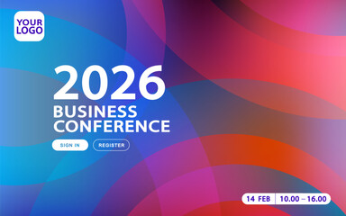 Promote your corporate event with this colorful business conference banner. The modern abstract background features vibrant fluid gradients and registration buttons, perfect for a professional webinar