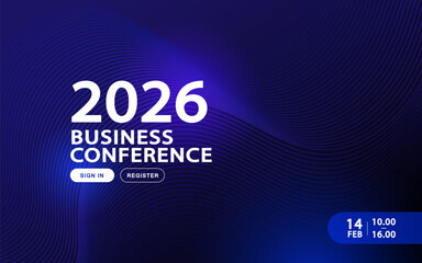 A futuristic business conference banner featuring deep blue abstract waves. This professional webinar template includes registration buttons and a modern layout suitable for corporate technology event