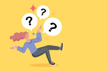 Young woman floating with question mark speech bubbles. Concept of frequently asked questions or confusion. Vector illustration of female character thinking or solving a problem on yellow background.