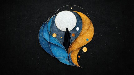 A solitary figure stands silhouetted against a large, textured moon, framed by flowing blue and gold abstract elements and scattered orbs.