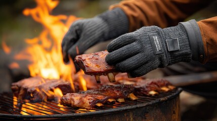 Fototapeta premium Grilling Juicy Ribs Over Open Flame with Protective Gloves on Hands