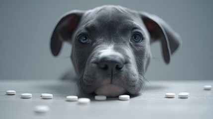 Gray Puppy Lying on Table Surrounded by White Pills