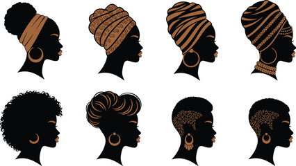 Elegant African woman silhouettes with diverse headwrap styles and natural hairstyles, cultural fashion illustration celebrating beauty, tradition, identity, empowerment © Its Marjia's World