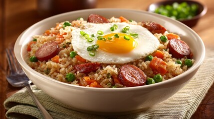 Delicious fried rice with sausage slices and a sunny side up egg on top, garnished with green onions, served in a bowl on a wooden table, appetizing meal