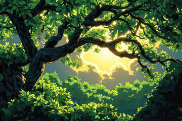 Hand-Painted Tree Limbs in a Vivid Storybook Forest