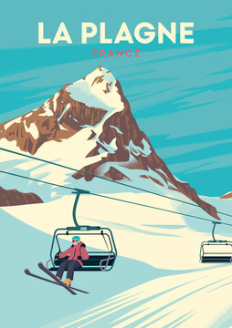 La Plagne Vintage Poster, French Ski Resort, Retro Illustration, Alps Design