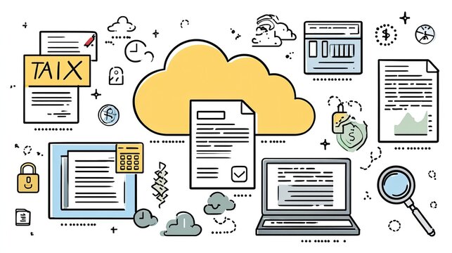Cloud Computing Illustration with Documents, Laptop, and Data Analysis
