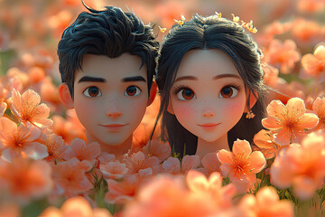 Two Dreamers Surrounded by Blossoms in Green Light