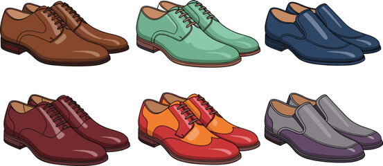 Elegant men’s dress shoes collection in colorful leather styles, classic formal footwear illustration set for fashion, style, retail branding design