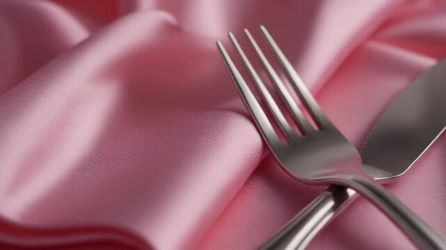 Elegant Silverware on Pink Silk Fabric A CloseUp of a Fork and Knife Resting on a Luxurious Table Setting.