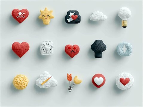 A grid of 15 distinct, textured 3D icons representing various concepts like love, ideas, weather, and time.