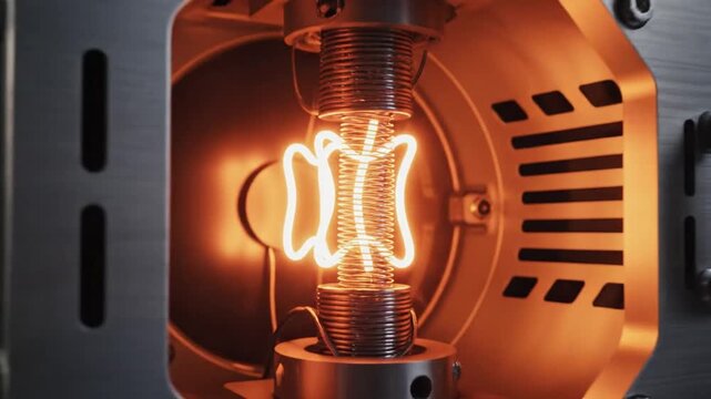 Futuristic glowing element, innovative technology prototype with dynamic energy core, scientific research and development concept in motion