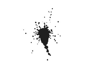 Black ink splatter with scattered droplets on white background, grunge paint splash texture ideal for abstract art, graffiti elements, creative design accents, and graphic overlays.