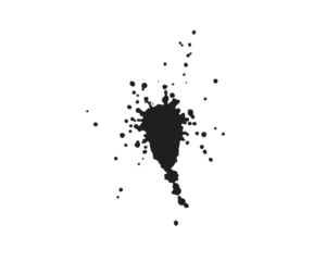 Black ink splatter with scattered droplets on white background, grunge paint splash texture ideal for abstract art, graffiti elements, creative design accents, and graphic overlays.